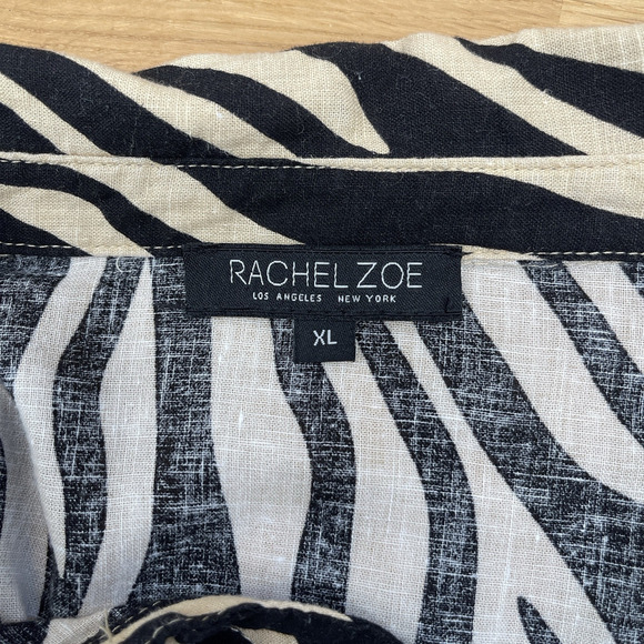Rachel Zoe Linen Blouse Top Womens Size XL Black Animal Print Tie Mob Wife - Picture 4 of 8